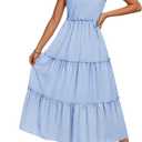 ZESICA Women's 2025 Summer Boho Casual V Neck Sleeveless Midi Dresses Tie Shoulder Flowy Tiered A Line Beach Long Sundress (Blue), Large