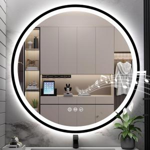 SBAGNO 36" Round Led Bathroom Mirror with Lights, Bathroom Vanity Wall Mirror with Buletooth, Anti-Fog, Stepless Dimmable, 3 Colors, Tempered Glass Lighted Makeup Mirror for Bathroom