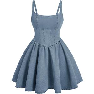 WDIRARA Women's Casual Square Neck Denim Dress Ruffle Hem A Line Mini Dress Large
