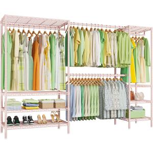 Ulif E11 Heavy-Duty Garment Rack, Metal Freestanding Clothes Rack and Closet Storage Organizer System with 8 Shelves and 4 Hanger Rods, (73.2-97.6)" W x 14.5" D x 71.2" H, Load 1034 LBS, Pink
