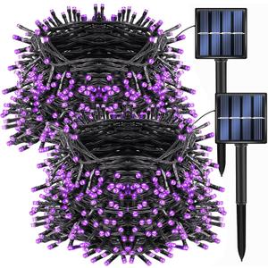 Dazzle Bright 2 Pack Total 400LED 132FT Halloween Solar String Outdoor Lights, Solar Powered with 8 Modes Waterproof Halloween Lights for Bedroom Patio Garden Tree Party Yard Decoration (Purple)