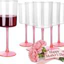 Ciaell 12 Pack 10 Oz Clear Plastic Wine Glasses with Pink Stem - Disposable Cocktail Goblets Perfect for Parties & Weddings & Poolside & Outdoors & Camping & Party & Mother's Day