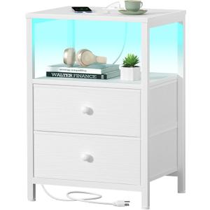 BOLUO White Nightstand with Charging Station, LED Night Stand with 2 Fabric Drawers, Bedside Table with USB Ports and Outlets, Nightstand for Bedroom Modern Stand2D01-W, 17*13*4.3 Inch