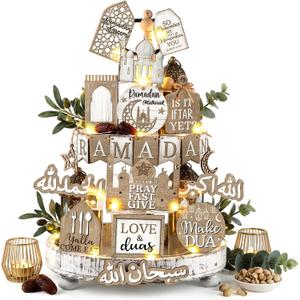 Shellwei 20 Pcs Eid Mubarak Tiered Tray Decor Ramadan Mubarak Table Decor Rustic Wooden Tabletop Signs for Home Black and Gold Muslim Islam Centerpiece for Islamic Gifts Kareem Home Table