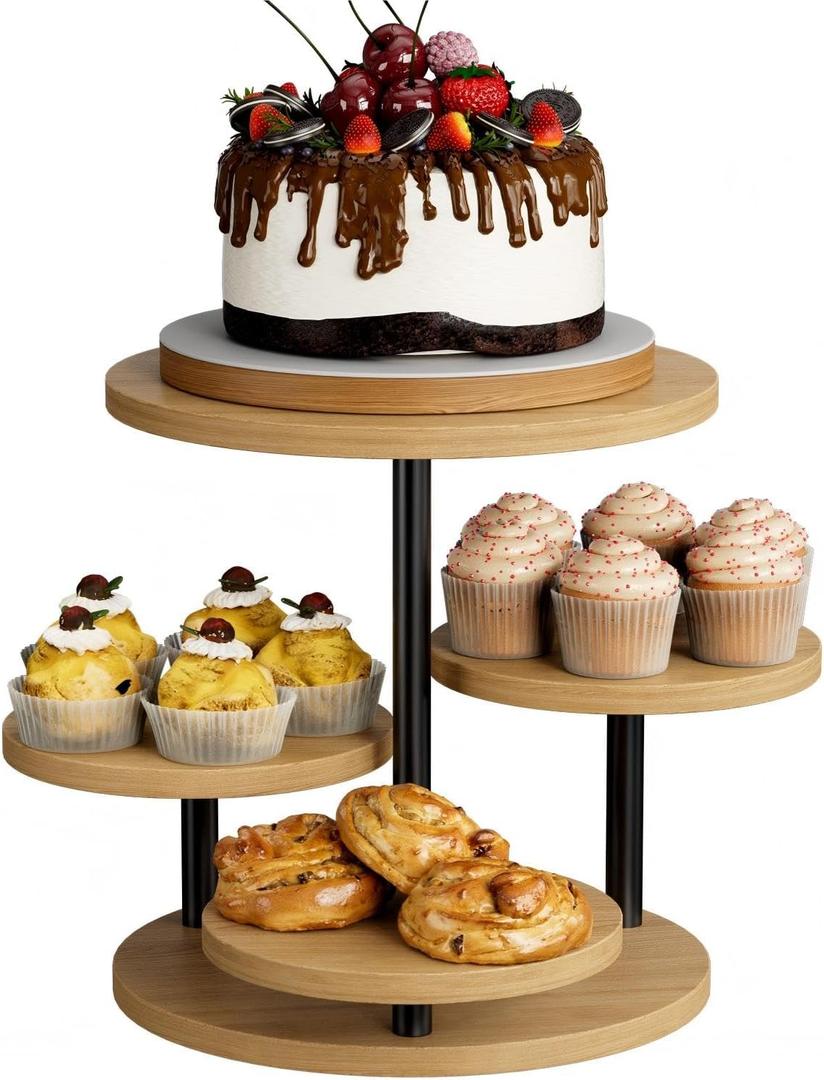 Cupcake Holder for 50 Cupcakes 4 Tier Wooden Cake Stand 360°Rotatable Dessert Stands Round Tiered Tray Stand for Party Birthday Wedding Baby shower Afternoon Tea Dessert Table, Rustic Oak