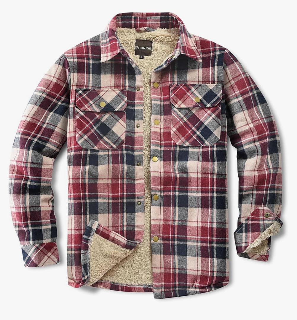 Men's Sherpa Lined Cotton Flannel Shirt Jacket Plaid Button Up Jacket Coat for Men with Pocket, M Red Line