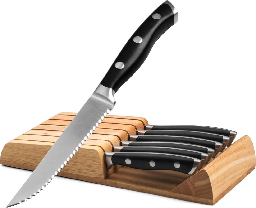 Alata 6-Piece Steak Knives Set with Block, 4.7 Inch with Serrated Edge Razor-Sharp Dinner Knives, Full-Tang Construction (Black)