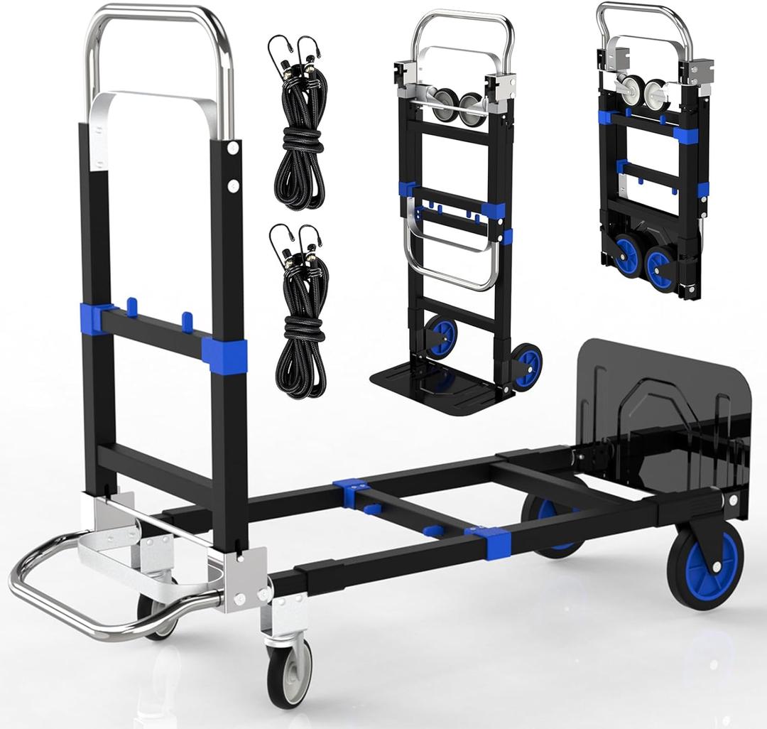 Convertible Hand Truck Dolly Cart/Folding Cart / 4-Wheel Collapsible/ 2 Straps/Adjustable Height Length/for Luggages/Cartons/Warehouse/Supermarket/Office / 500 Lbs Load