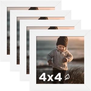 KINLINK 4x4 Picture Frame White Set of 4, Wooden Square Photo Frames with Plexiglass for 4x4 without Mat for Table and Wall Display