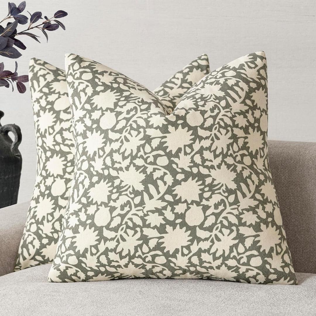 Foindtower Set of 2 Decorative Neutral Floral Throw Pillow Covers Accent Farmhouse Cushion Covers Boho Vintage Pillowcase for Couch Sofa Bedroom Living Room Home Decor,2222 Inch,Sage Green (Mosstone)