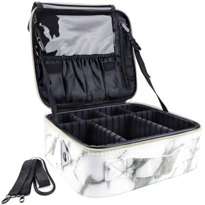 gzcz Travel Makeup Bag 10.2'' Cosmetic Bag Organizer Make up Train Case Portable Brush Artist Storage bag with Adjustable Dividers and shoulder strap for Make up Accessories (Marble White) (Small)