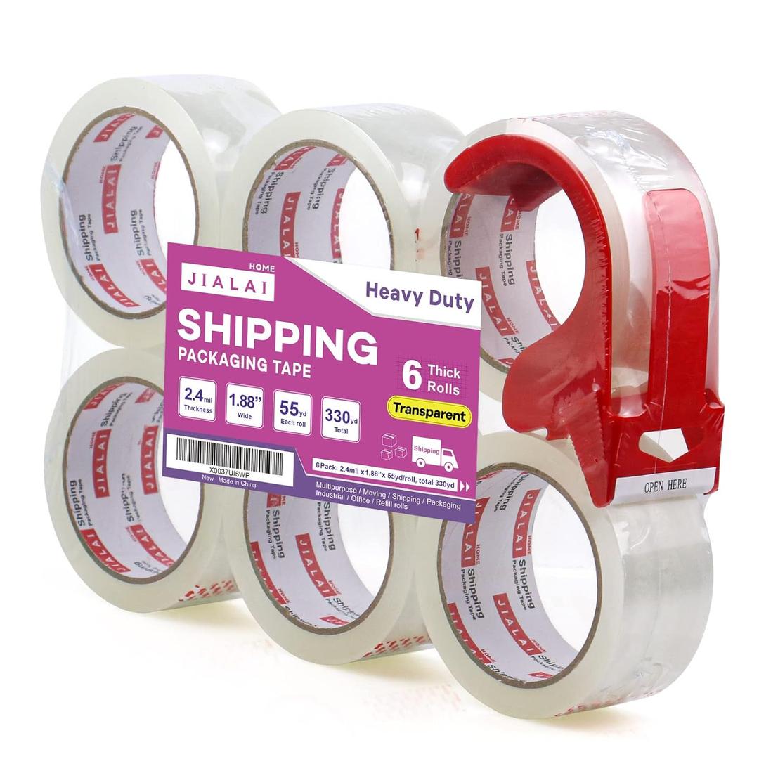 Heavy Duty Transparent Packing Tape,6 Rolls with Refillable Dispenser,Industrial Grade Packaging Tape for Shipping Moving Sealing,1.88 inches x 55 Yards Per Roll