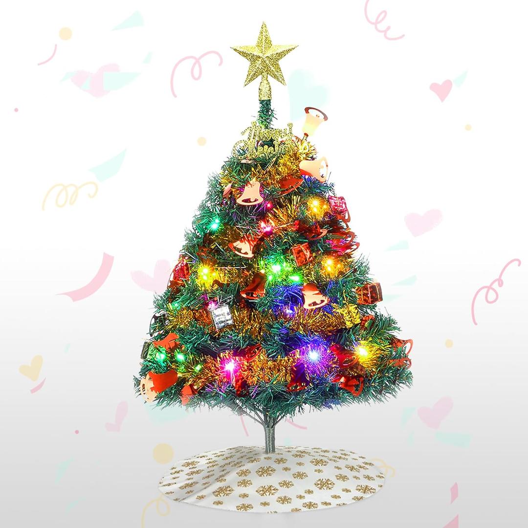 Mini Christmas Tree, 60 cm Artificial Christmas Tree Table with Decorations and LED String Lights, Small Desktop Christmas Tree for Bedroom and Office