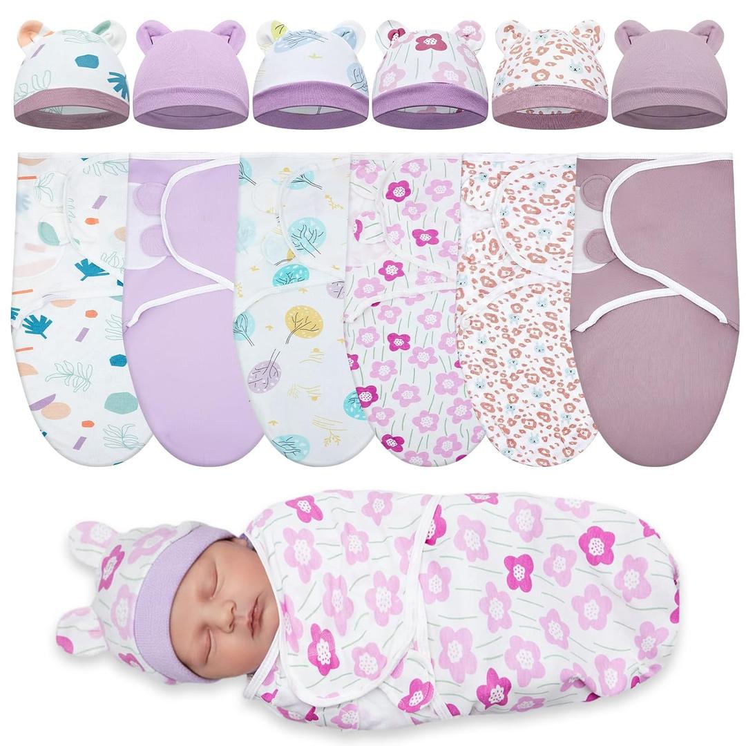 Ramede 6 Pack Preemie Swaddle Blanket with Hats Sleep Swaddle for Baby Boy Girl Preemie Newborn Sacks Soft Cotton Wearable(Tree,Purple)