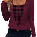 GORGLITTER Women's Plaid Checkered Printed Lightweight Sweater Tops Trendy Fall Casual V Neck Long Sleeve Knitted Tops (Large)