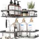 Sakugi Corner Shower Caddy - 2 Pack, Adhesive Shower Organizers, Rustproof Stainless Steel Shower Shelves with 8 Hooks, No Drilling Bathroom Organizers and Storage Racks, Space-Saving, Grey, Medium