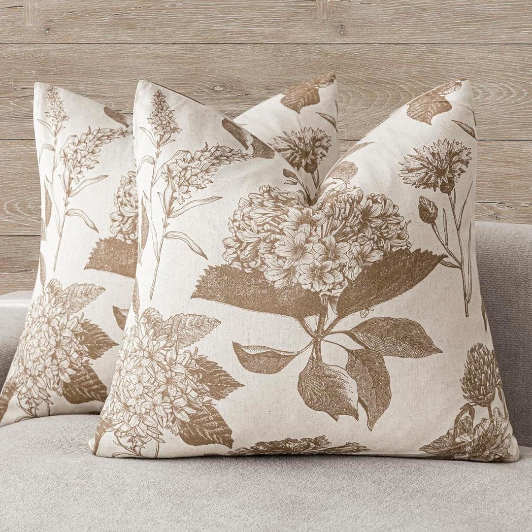 Foindtower Set of 2 Linen Floral Vintage Throw Pillow Covers Neutral Accent Decorative Cushion Covers Farmhouse Boho Home Decor for Sofa Chair Couch Bedroom Living Room,1818 Inch,Light Brown
