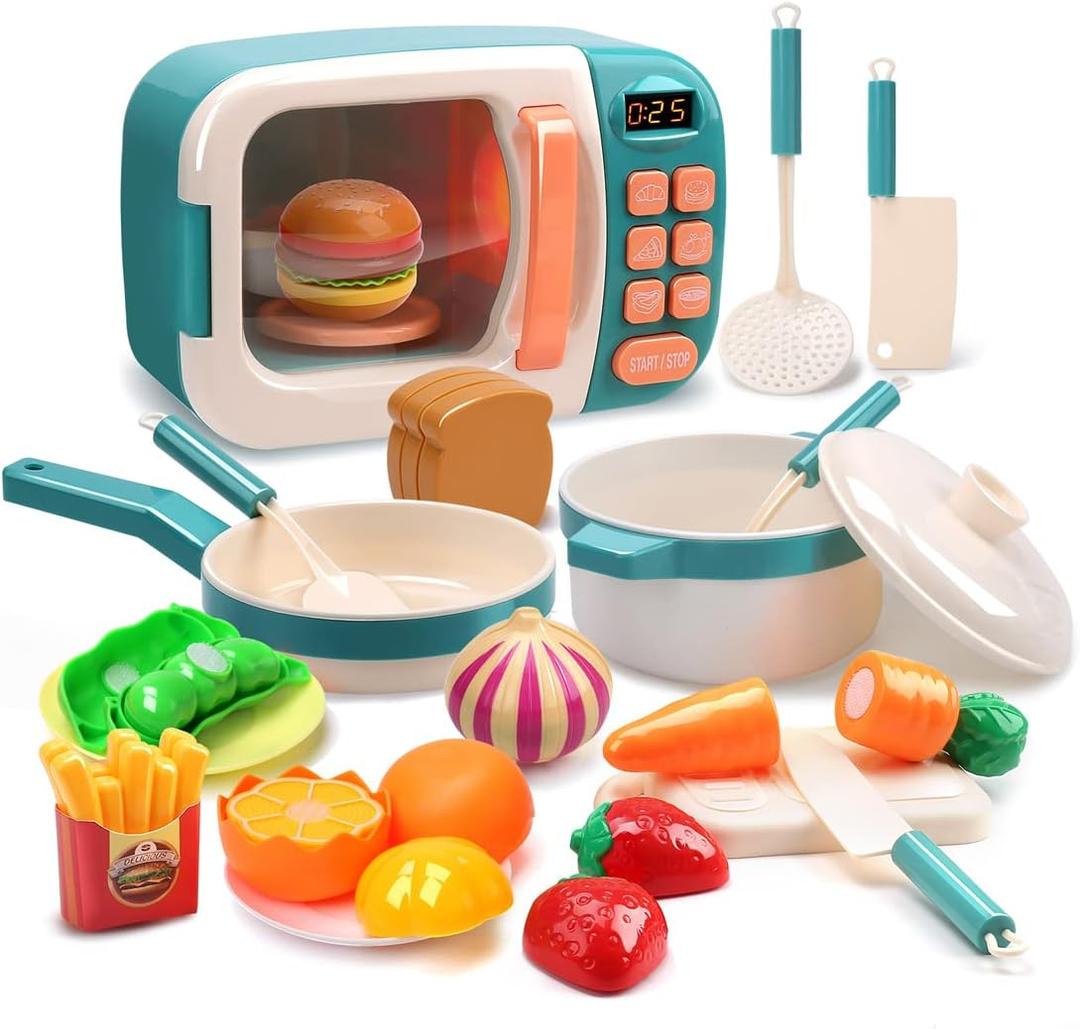 CUTE STONE Microwave Toys Kitchen Play Set, Kids Pretend Play Electronic Oven with Play Food, Kids Cookware Pot and Pan Toy Set, Cooking Utensils, Great Learning Kitchen Toys for Girls Boys