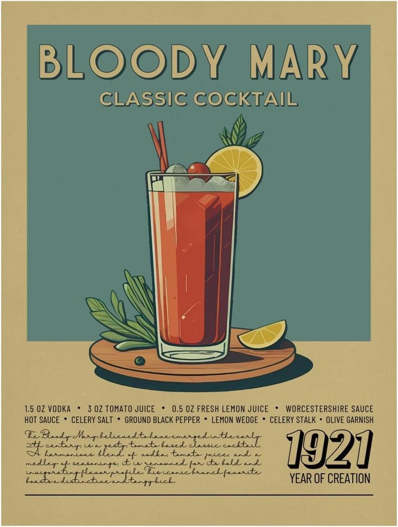 MINI ZOZI Bar Cart 12X16 Vintage Retro Cocktails Wall Art Decor Aesthetic Room Funky Trendy Bloody Mary Posters Wine Alcohol College Dorm Apartment Living Room Unframed Poster