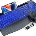 Wireless Keyboard and Mouse Backlits, Wrist Rest, LED Mouse, Rechargeable Ergonomic Keyboard with Phone Holder, Silent Light Up Combo for Computer, Mac, PC, Laptop, Chromebook (Black)