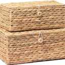 Set of 2 Rectangular Wicker Storage Bins with Lid, Rattan Basket Decorative Boxes, Multipurpose Organizer Display Boxes for Shelf Organizer, Boho Rattan Box for Home Decoration
