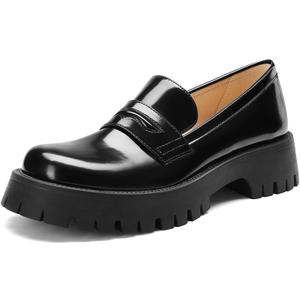 Women‘s Chunky Penny Loafers, Platform Lug Sole Slip On Business Casual Shoes, Patent Leather Comfortable Work Dressy Ladies Loafers