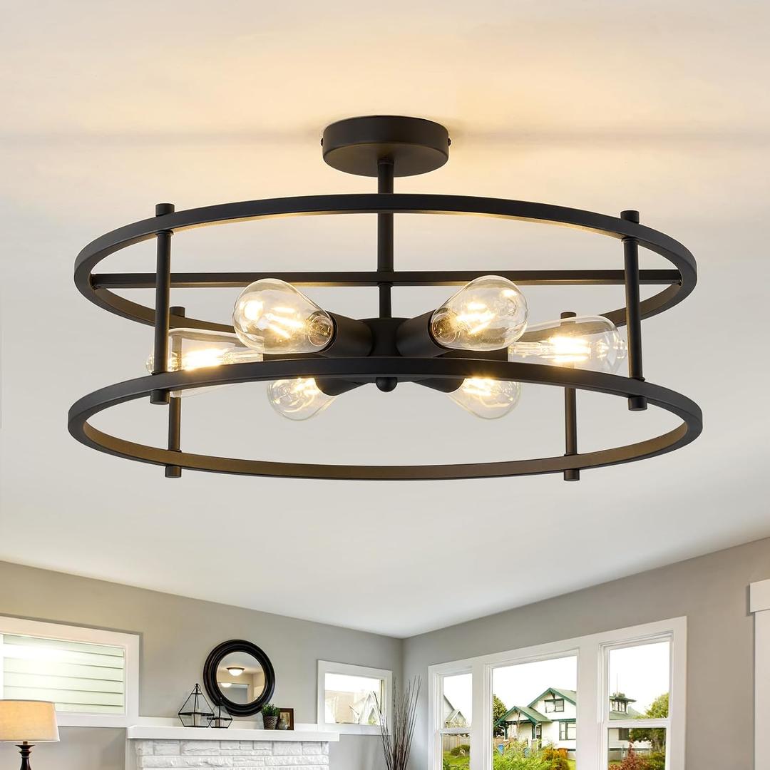 hesoge Large Semi Flush Mount Ceiling Light Fixture Black Cage Ceiling Light 6 Light Chandelier for Kitchen Dining Room Entryway Living Room Bedroom Foyer
