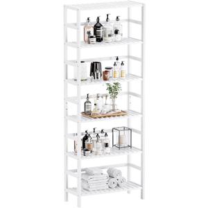 HITNET Bookshelf, 6-Tier Tall Bookcase Freestanding Bamboo Book Shelf Bathroom Storage Organizer with Adjustable Shelves, White