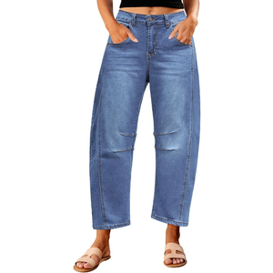 GRAPENT Barrel Jeans for Women Trendy High Waisted Wide Leg Baggy Cropped Relax Fit Stretch Denim Trouser Ankle Pants, M