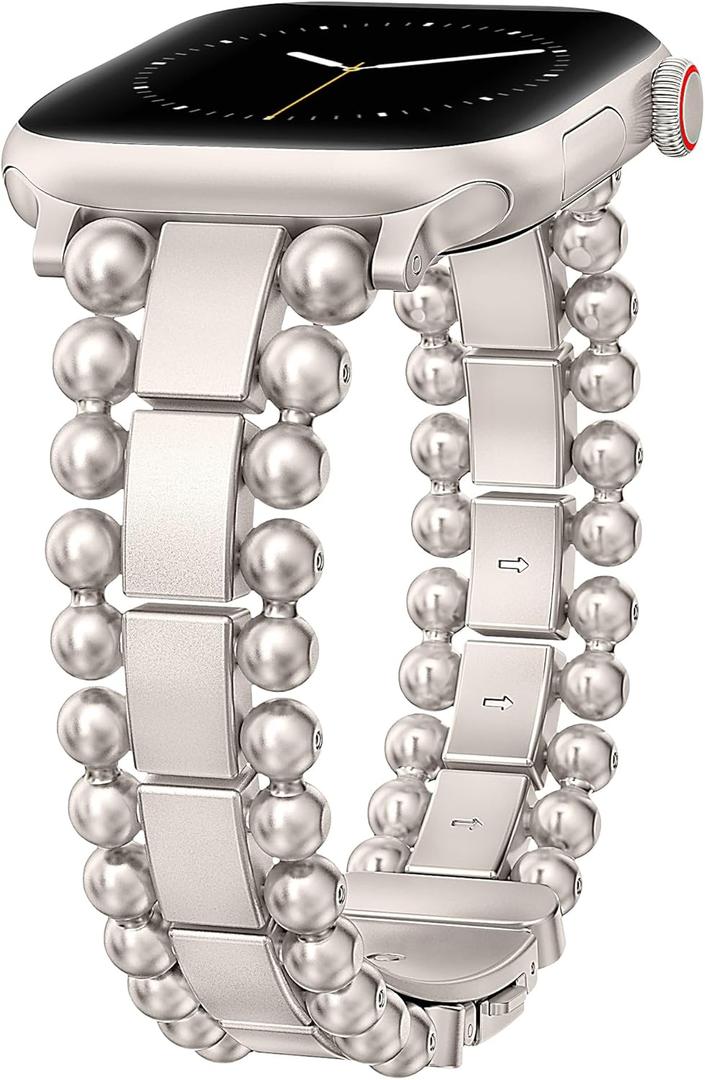 TOYOUTHS Beaded Bracelet Compatible with Apple Watch Bands 38/40/41/42/44/45/46/49mm Women, Dressy Fancy Stainless Steel Metal Elegant Jewelry Strap for iWatch Series 11 10 9 8 7 6 5 4 Ultra/SE 3 2 1 (Starlight)