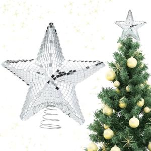 12 Inch Disco Star Christmas Tree Topper Silver Disco Christmas Tree Star Mirror Reflective Decorations for Xmas Party Holiday Outdoor Indoor Home Ornaments