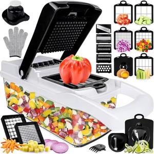 25-in-1 Vegetable Chopper, Onion Dicer, Food Slicer & Spiralizer with Container, Stainless Steel Blades, BPA-Free Multi-Function Kitchen Cutter for Meal Prep