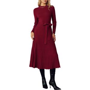 Arach&Cloz Fall Winter Womens Sweater Dress 2025 Long Sleeve Turtleneck Cashmere Ribbed Knit Tie Waist Pleated A Line Pullover Fashion Belt Midi Clothes Christmas Party Outfits Wine Red Burgundy, M