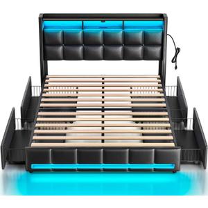 Rolanstar Queen Size Bed Frame with LED Lights and Charging Station, PU Leather Bed Storage Headboard & Drawers, Heavy Duty Wood Slats, Easy Assembly, Black