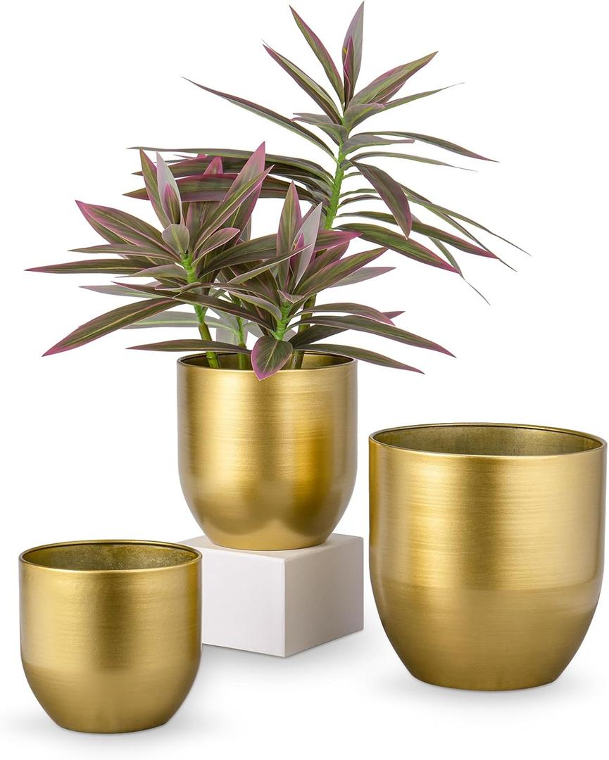 Briful Set of 3 Gold Galvanized Buckets Multi-Size Rustic Chic Metal Planters for Home Centerpieces Table Decorations, Farmhouse Garden Round Metal Pots for Flowers Plant Herb(4.7''/5.3''/6.5'')