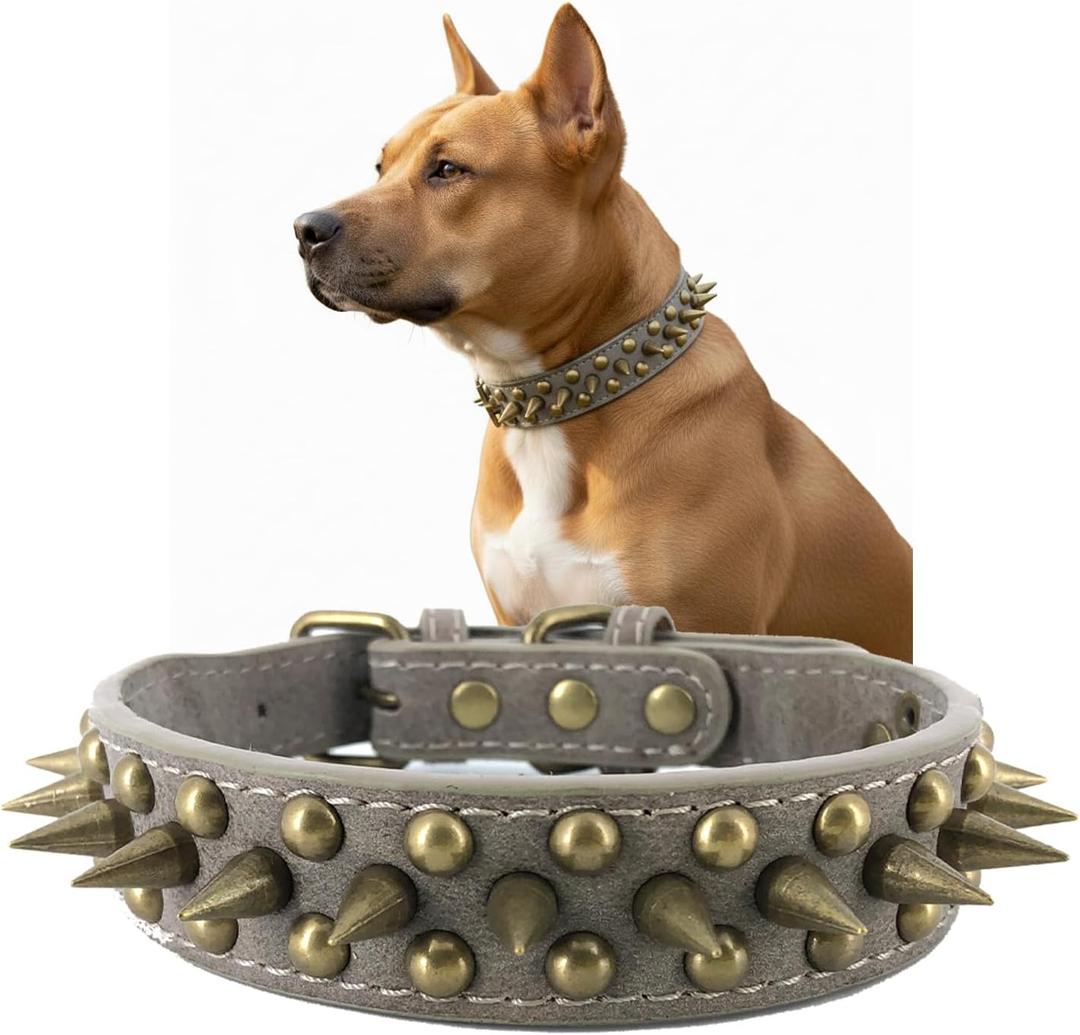 Spiked Studded Dog Collar-Bronze Pointed Stud Anti-Bite Collar (Grey,L) (Large (Pack of 1))