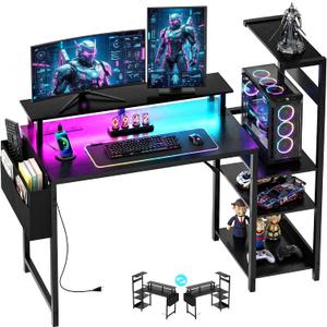 Gaming Desk 43 Inch Computer Table with Storage Shelves & Monitor Stand