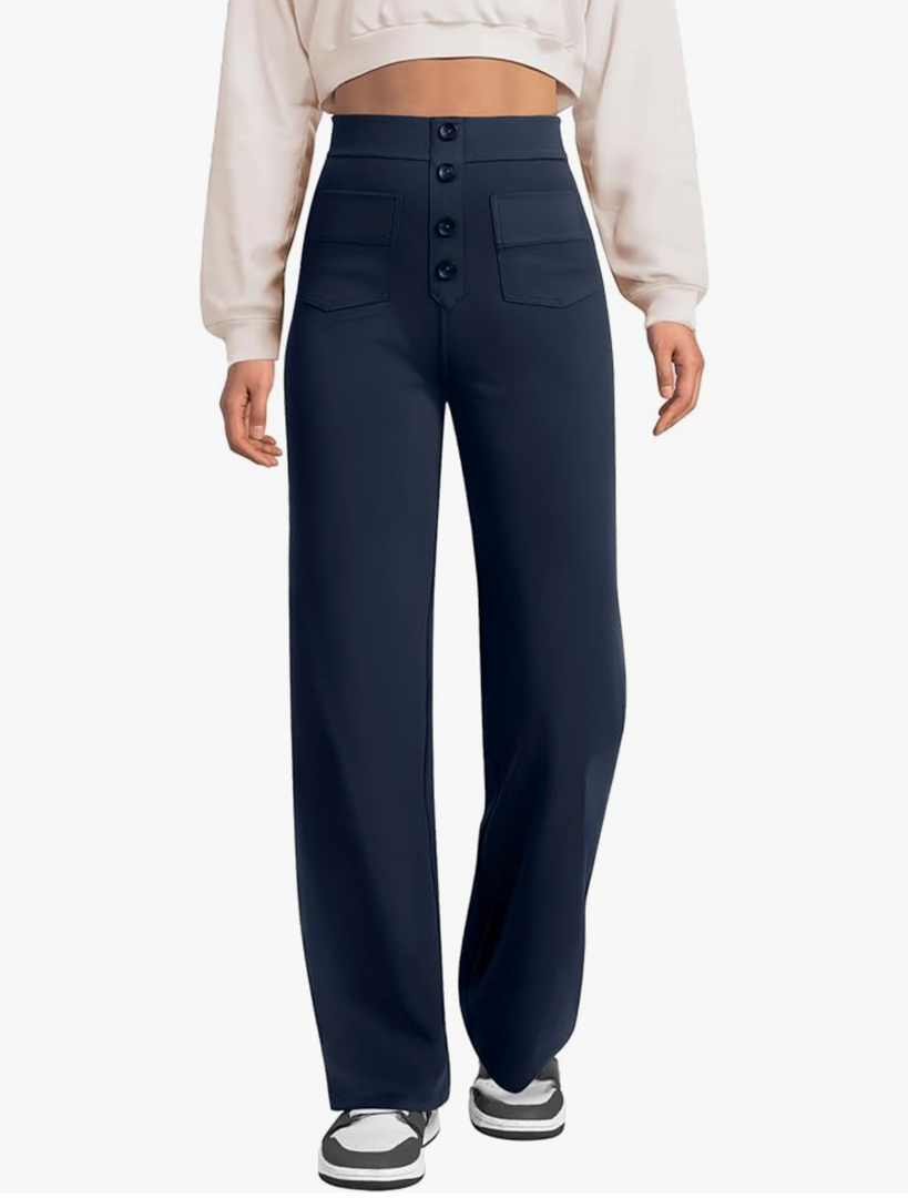 keriffe Women's Straight Leg Pants High Waisted Button Stretchy Business Work Dress Casual Trousers Multiple Pockets, Navy Blue, Extra Small