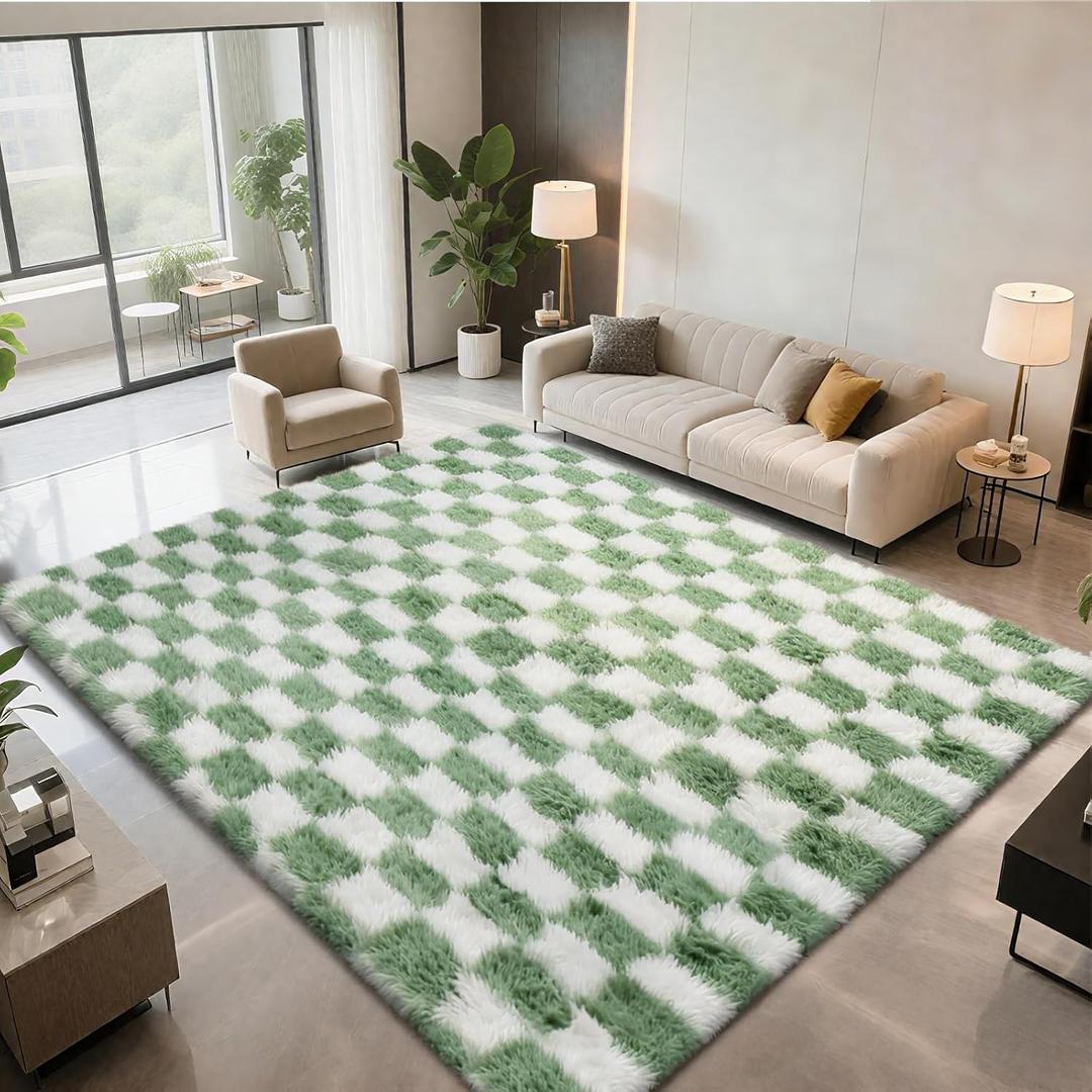Area Rugs for Bedroom Living Room,4x6 Green and White Fluffy Soft Checkered Rug Fuzzy Shag Shaggy Carpet, Indoor Plush Floor Rugs for Kids Boys Girls Teen Dorm Nursery Home Decor