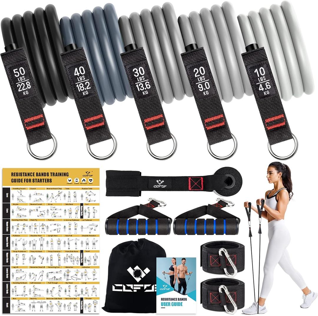 Resistance Bands with Handles for Women, 5 Level Exercise Bands Workout Bands for Physical Therapy, Yoga, Pilates, Door Anchor, Storage Pouch (10-150 LBS Grey)