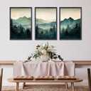 3 Piece Sage Green Mountain Wall Art 24x16 Inch Nature Landscape Forest Modren Wood Framed Sign Office Minimal Watercolor Pine Tree Pictures For Living Room Bedroom Wall Hang Decor (Black)