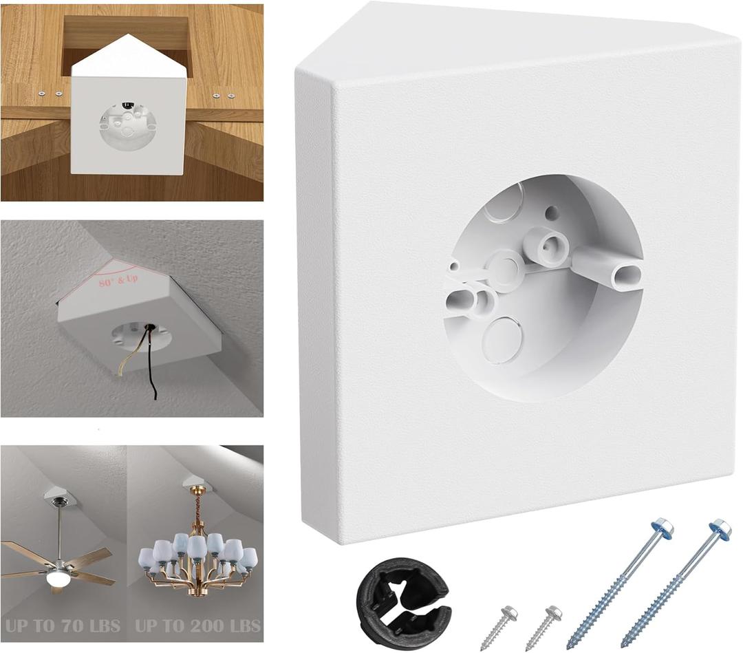 Fan Mounting Box, FB900-1 Ceiling Fan Fixture Mounting Box Supports Fans to 70 LBS and Fixtures up to 200 LBS, Paintable Ceiling Fan Mounting Bracket Fits Cathedral Ceiling Angles of 80 or Up, White