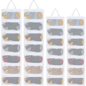 4 Pcs Sock Laundry Bag with Mesh & Zipper, Hanging Laundry Bags for Washing Machine, Adult & Kids Sizes, 28 Pockets, Clear