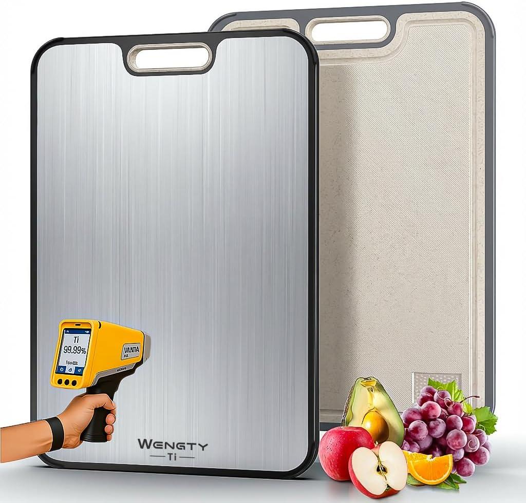 Titanium Cutting Boards for Kitchen, 2-in-1 Double Sided Food-Grade Pure Titanium&Wheat Straw PP, Non-Toxic, Non-Slip, Dishwasher Safe, Ideal for Meat, Vegetables, Fruit(Ti Silvery White, 16"L x 11"W)