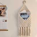 Macrame Mail Organizer Wall Mounted, Handmade Hanging Woven Basket for Boho Home Office Decor, Over the Door Key Letter Envelope File Holder for Entryway Hallway, White