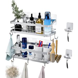 Carwiner Shower Caddy Bathroom Shelf 2-Pack, Basket with 8 Hooks for Hanging Shampoo Conditioner, SUS304 Stainless Steel Rack Wall Mounted Storage Organizer for Kitchen, No Drilling (Silver)