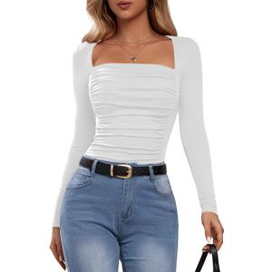 Amoretu Women's Long Sleeve Tops Square Neck Shirts Sexy Ruched Slim Fit Going Out T-Shirts (White, S)