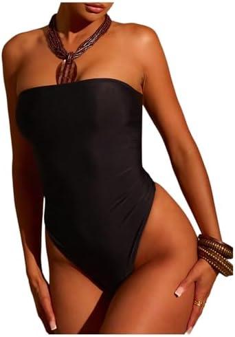 WDIRARA Women's One Piece Swimsuit Strapless Bandeau Bathing Suits Tummy Control Swimwear M