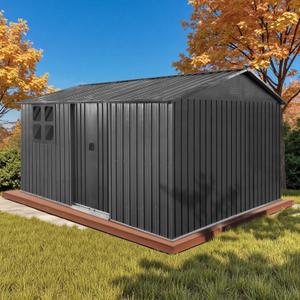 12x10 Ft Storage Shed Outdoor, XL Permanent Steel Building with Window, Sliding Doors and 4 Air Vents for Backyard Garden Patio Lawn - Black, Two Boxes