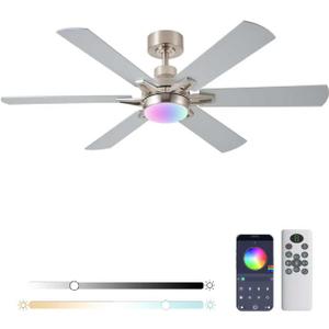 52in Ceiling Fans with Lights RGB Ceiling Fan with Light and Remote/APP Control,Low Profile Ceiling Fans with Lights for Bedroom,Living Room,Kids Room,3CCT Dimmable Modern Ceiling Fan, 6 Speeds,Nickel